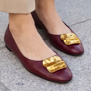 Zara Leather Women's Burgundy Ballet Flats with Gold Accent